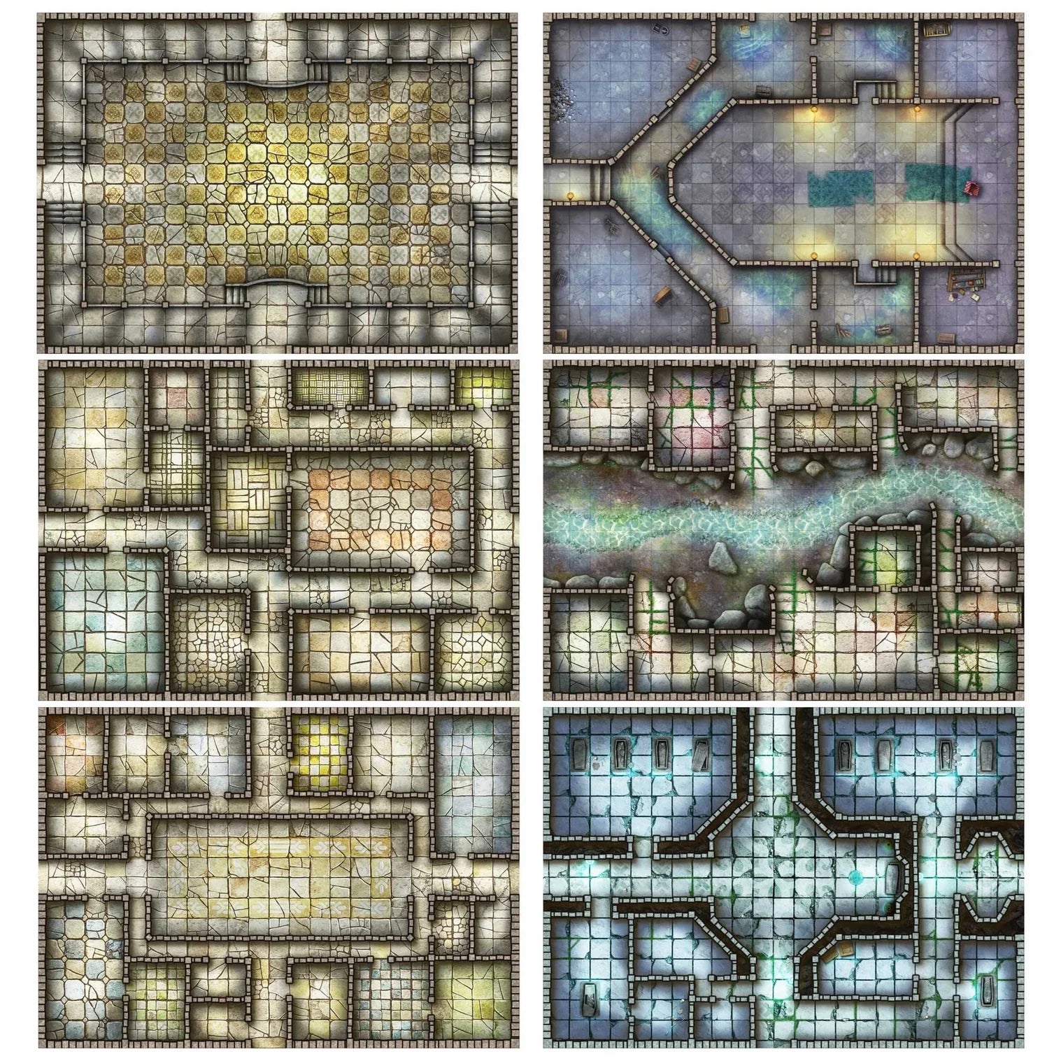Essential RPG Battle Maps - Dungeon Set. 6 Dry Erase Battle Maps with 1 inch grid