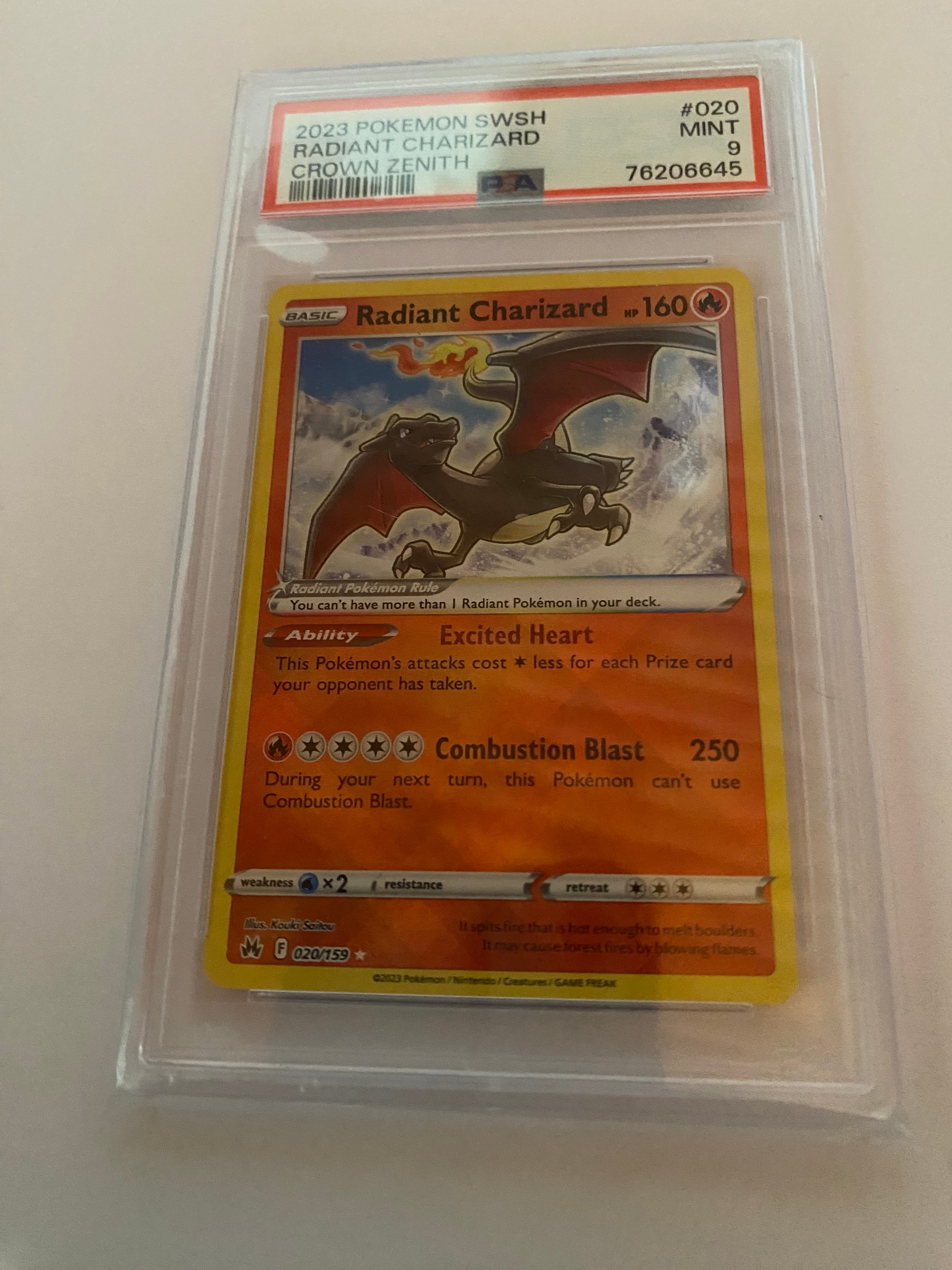 Pokemon Radiant Charizard Holo Card 020/159 SWSH Crown Zenith Grade 9 Psa