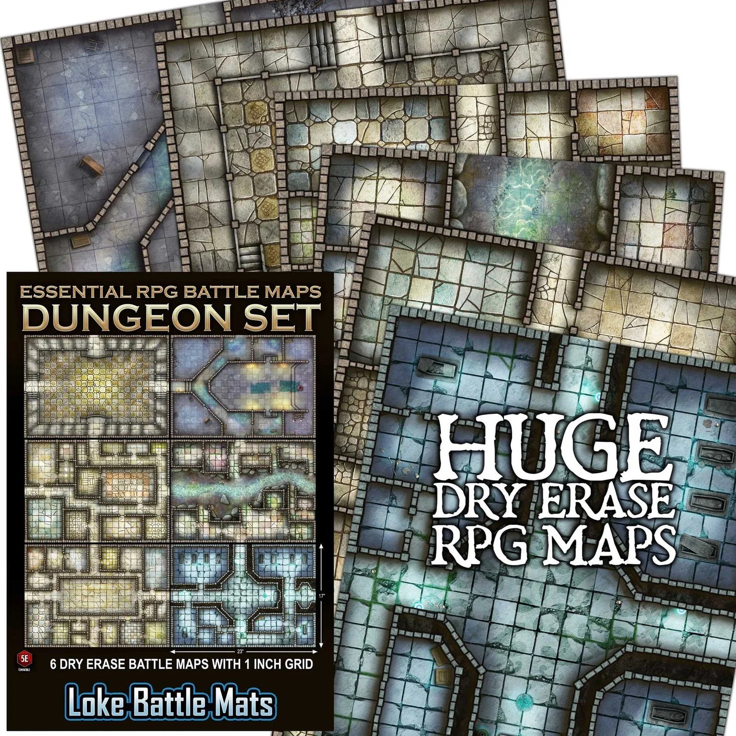 Essential RPG Battle Maps - Dungeon Set. 6 Dry Erase Battle Maps with 1 inch grid