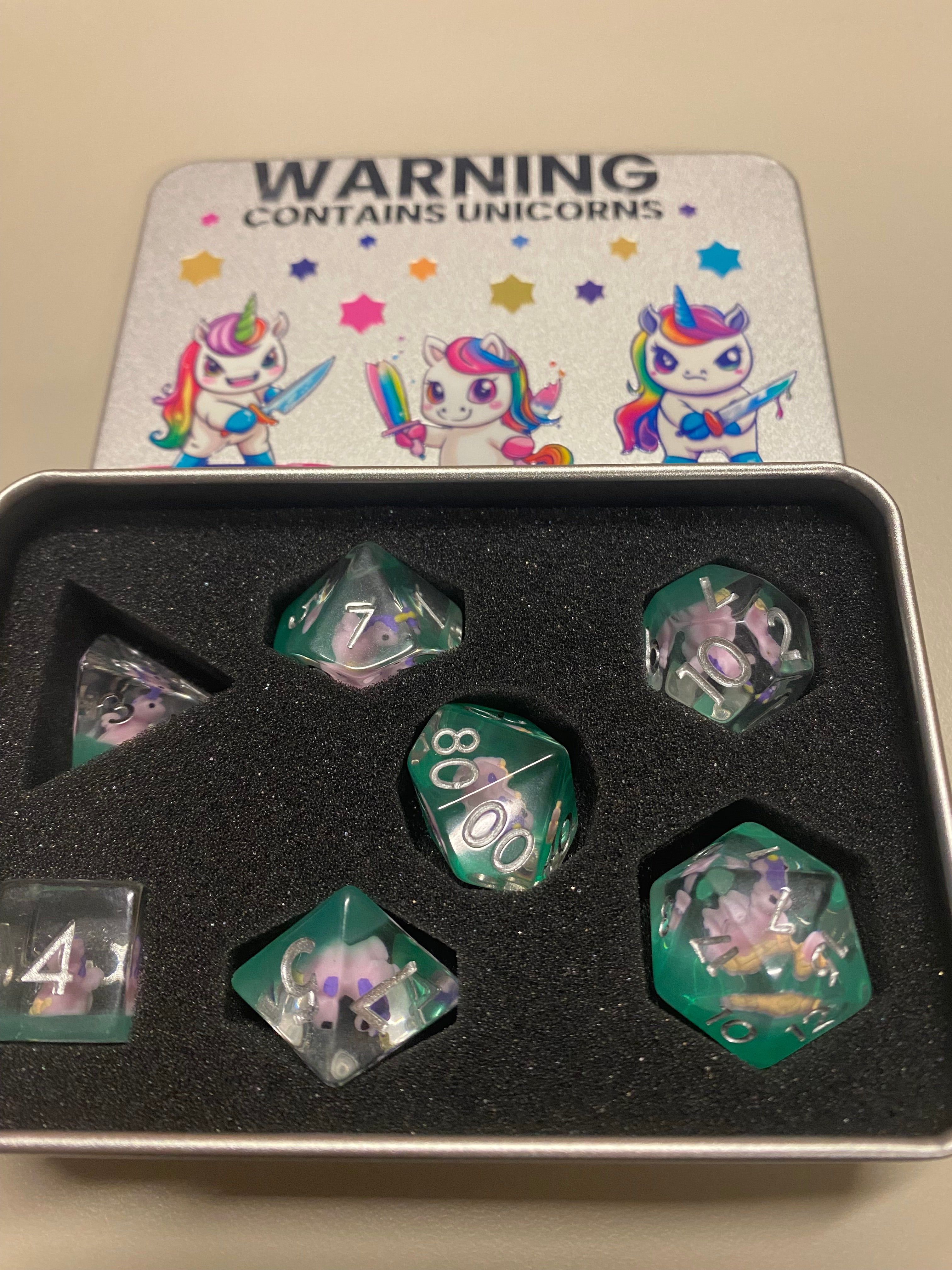 Role playing dice contains unicorns